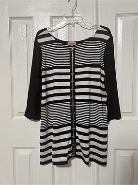 Max & Rina Women’s Black White Striped Long Sleeve Tunic Top Blouse Large
